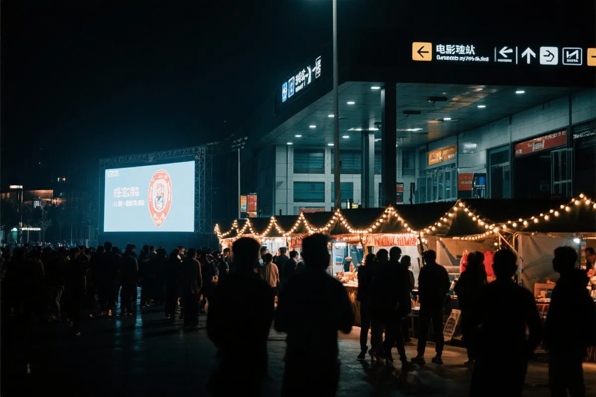 费城球迷广场夜景：大屏观赛人群、步行指示牌与公共交通入口