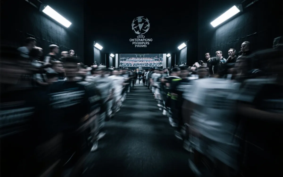 跨洲附加赛氛围：球场通道灯光与紧张对决的抽象画面